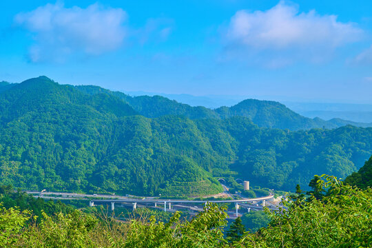 東京都八王子市高尾町 高尾山駅展望台から北側の新緑の眺望(中央高速八王子JCT,圏央道など)