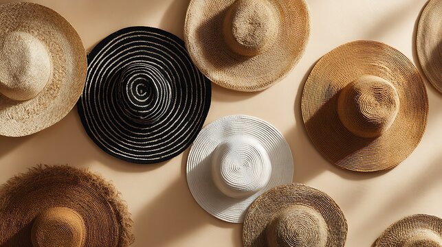 Overhead view of various stylish straw sun hats in different colors and textures on a neutral background