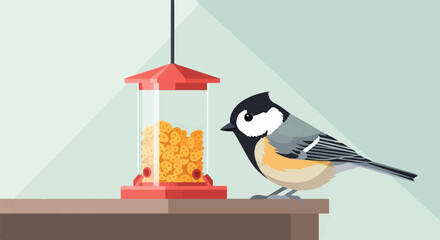 Fototapeta premium A small bird is looking at a bird feeder filled with seeds on a table