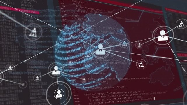 Animation of profile icons connected with lines and globe against map and programming language