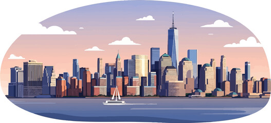 Naklejka premium A pixelated cityscape at dawn features numerous tall buildings and a solitary sailboat