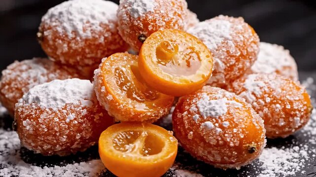 4K close-up shot candy kumquat fruits coated in powdered sugar.