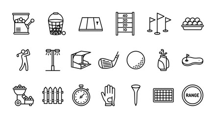Golf driving range and practice facility icon set with ball dispenser and targets. © Mahmudul