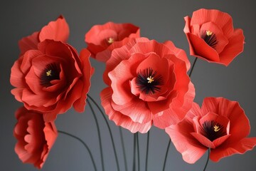 Fototapeta premium Red crepe paper poppies standing tall and proud, adding a touch of handcrafted beauty