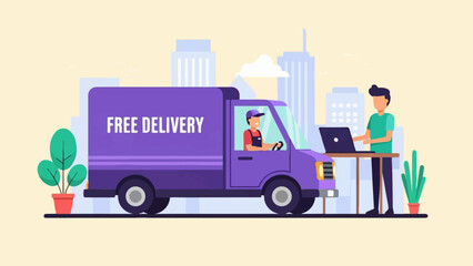 A purple delivery truck with "FREE DELIVERY" on the side, a driver, and a person at a laptop