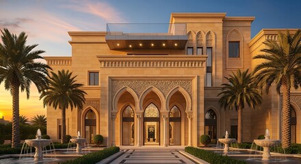 Obraz premium Luxurious Arabian Palace Lit by Golden Hour Glow, Featuring Intricate Arches, Lush Palm Gardens, and Reflecting Fountains, Evoking Grandeur, Serenity, and Architectural Elegance
