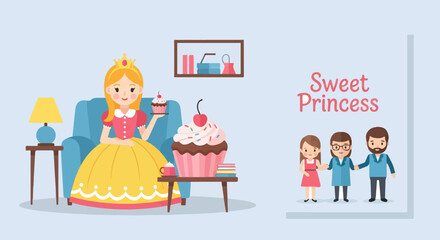 A princess with cupcakes sits on a sofa, family stands nearby