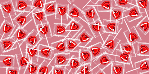 Seamless Heart Lollipop Pattern on Pink Background