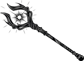 Fantasy magic staff vector illustration with glowing energy symbol, ornate mystical weapon design, black and white line art, sorcerer wand icon for games © Hazera Creative