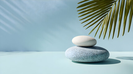 Obraz premium Stacked Zen Stones for Product Display in Tropical Sunlight with Hard Shadows