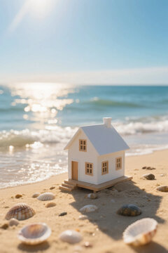 Miniature Beach House Concept on a Coastal Landscape Representing Seaside Living, Vacation Property, Real Estate Investment, Sustainable Lifestyle, and the Dream of a Relaxed Home by the Ocean