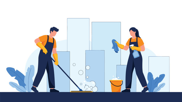Professional janitorial team of man and woman cleaning floors with mops and sprays against modern urban building background.