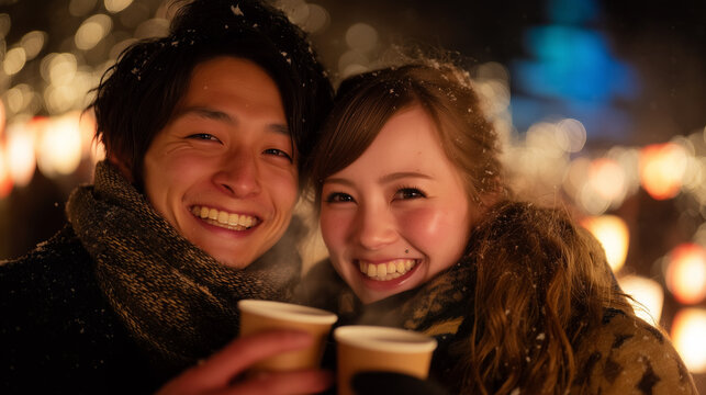 Couple enjoys Hirosaki Castle Snow Lantern Festival in Aomori, Japan with hot drinks