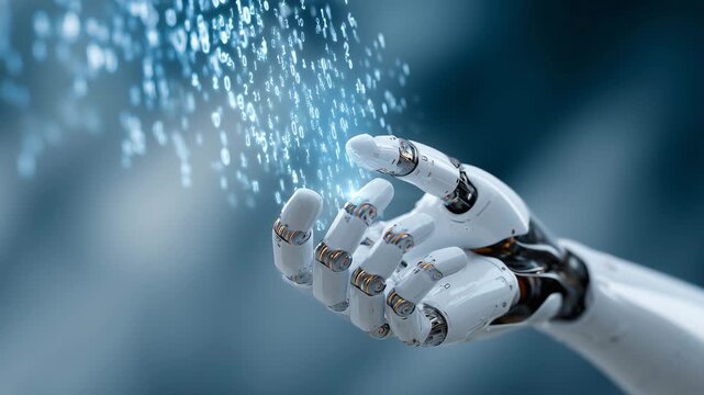 人工知能とデータのイメージ：空中に浮かぶデータを読み取るアンドロイドの手