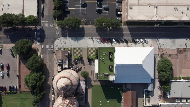 4K top-down drone footage of the silos in downtown Waco, Texas, showing the landmark structures, surrounding buildings, and city streets from an overhead aerial perspective.
