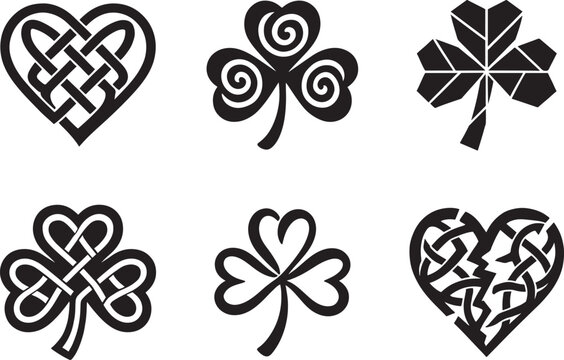 Celtic heart knot and shamrock icon set with lucky Irish symbols for St. Patrick&rsquo;s Day.