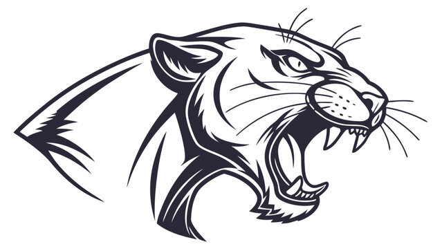 Fierce panther head icon in black and white roaring angrily with open mouth and sharp teeth