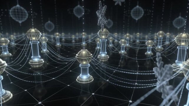 network of glowing nodes flickers and subtly pulses on dark background, futuristic 3D render static eye level shot by Generative AI
