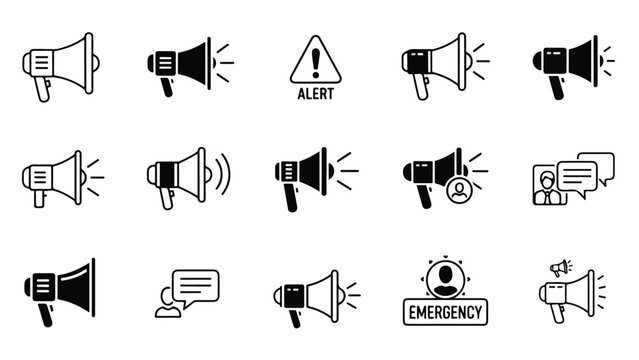 Collection of various megafon and alert icons in black and white, with speech bubbles and warning signs, on a clean white background.