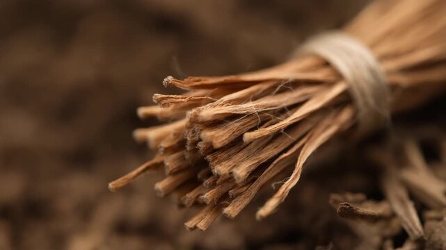 A close-up view of a bundle of thin, light-brown sticks tied together with a thin cord against a blurred background of similar material