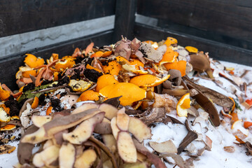Frozen Compost Bin Filled With Mixed Kitchen Organic Scraps In Winter