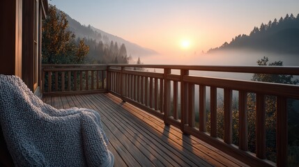 Obraz premium Tranquil mountain sunrise view from wooden balcony with cozy chair and misty forest landscape