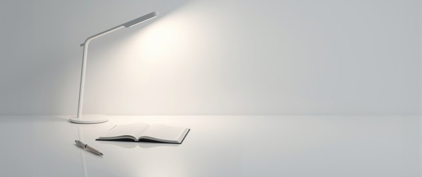 Diary open with pen on table under desktop LED lamp isolated on white background