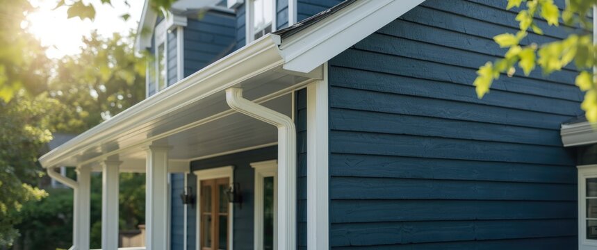 Luxury American single family home featuring colonial white gutter guard system, soffit ventilation, and pacific blue vinyl horizontal siding