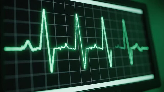 Rapidly tracking digital EKG waveform displaying erratic vital signs across a dark monitor screen symbolizing health crisis and urgency heartbeat, abstract, signs