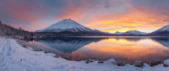 Beautiful Landscape of Lake Wakitipu and Mountain Range with Nature Elements including Sky, Winter, Snow, and Sunset