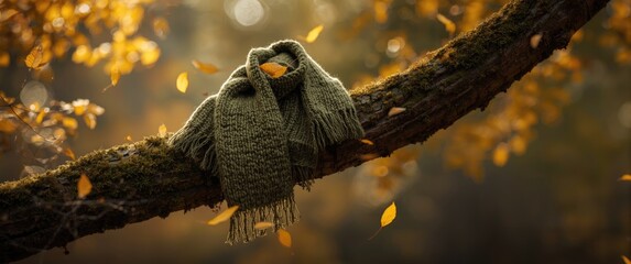 Fototapeta premium Long green knitted scarf featuring fringe and moss-like grass fur, draped on a tree branch in autumn forest, an accessory in a nature-inspired collection, soft chunky knitwear with yellow leaves