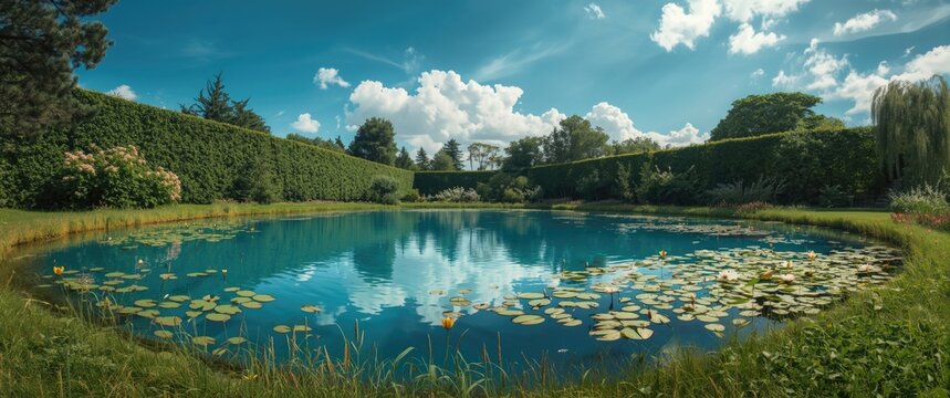 Azure blue water pond featuring water lily leaves, bordered by vibrant green grass and hedge forest, under a sunny afternoon sky
