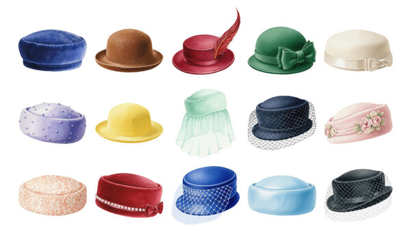 Watercolor set of vintage womens hats and pillbox headwear