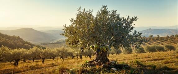 Obraz premium Olive trees in a field bearing olives for consumption and oil extraction