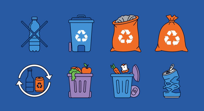 Recycling icons set with waste management symbols.