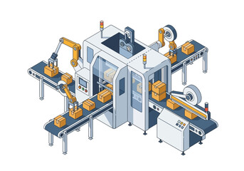 Industrial machinery assembly line with robotic arms and conveyor belts in a manufacturing facility