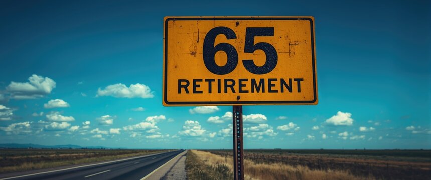 Blue sky backdrop with a retirement warning roadsign at 65