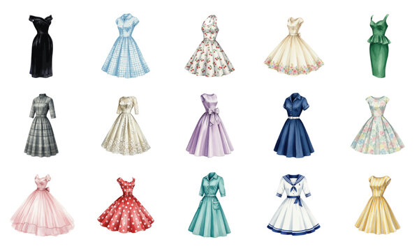 Watercolor set of vintage 1950s style dresses