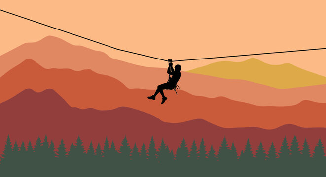 Person ziplining through mountains at sunset with trees below.