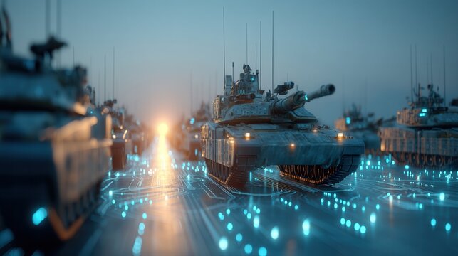 Future war concept.futuristic tank cyber war armored vehicle digital battlefield science fiction night glowing light technology combat army Futuristic tank column digital battlefield with glowing