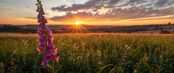 Obraz premium Meadow scene in Poland featuring a Purple foxglove at sunset