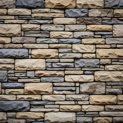 Fototapeta premium Stacked stone veneer wall texture features varied earth tones beautifully.