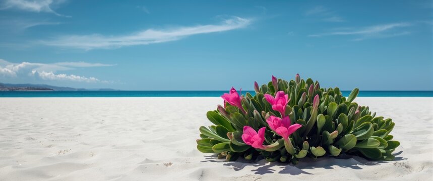 Detailed view of Carpobrotus Edulis (Hottentot-fig) fuchsia blossoms on Budoni beach's white sand in Sardinia, with the blue sea and sky behind