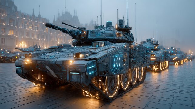 Future war concept.Futuristic tank cyberpunk armor neon light armored vehicle military column city square night fog science fiction war machine combat technology Powerful futuristic tank with