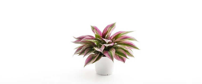 Flower pot with Tradescantia spathacea, commonly called boatlily, oyster plant, or Moses-in-the-cradle, isolated on white background