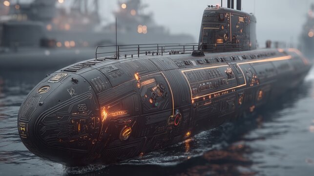 Future war concept.futuristic submarine cyberpunk war military ocean technology neon metal weapon navy future submarine with cyberpunk detail and neon glow suggest high tech war machine cruising
