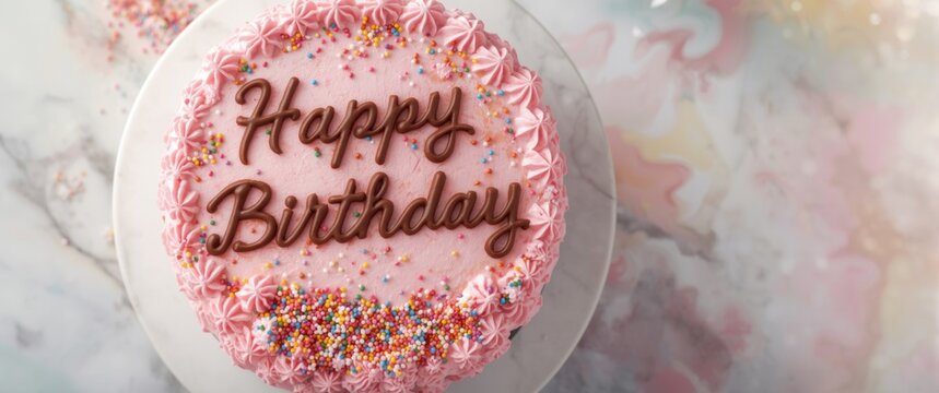 Birthday cake with pink frosting, pink chocolate decorations, and a happy birthday message with sprinkles