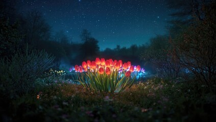 Obraz premium A nighttime landscape featuring a luminous meadow filled with glass tulips emitting light, suitable for outdoor illumination displays