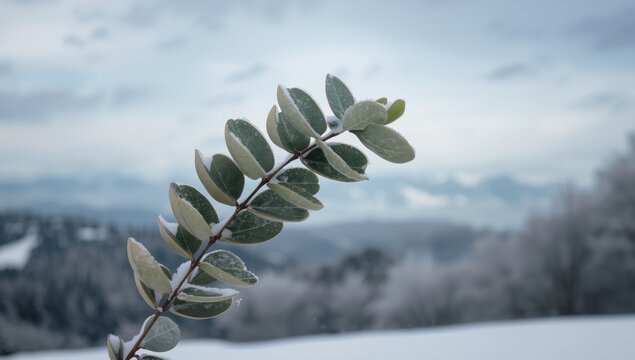 Frozen eucalyptus foliage in snow atop mountain terrain, winter landscape emphasizing seasonal preservation