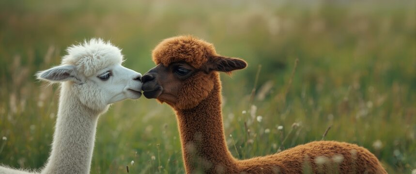 Alpacas sharing a serene, loving moment in an outdoor environment, emphasizing their gentle nature and appeal
